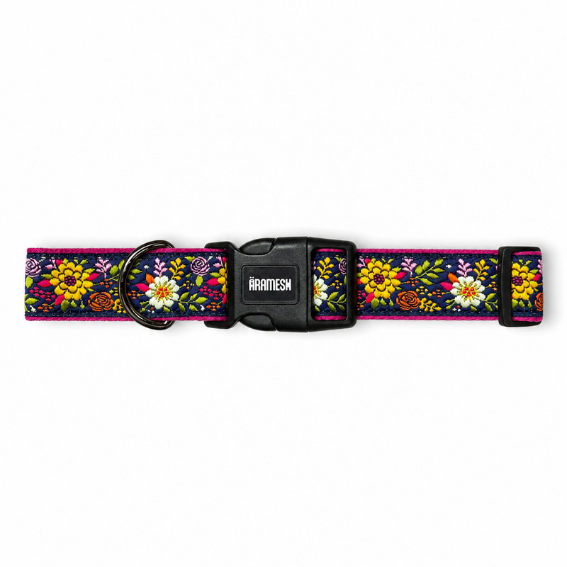 Floral patterned dog collar with a black buckle 